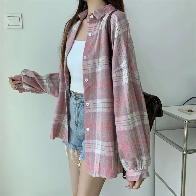 Vintage Preppy Style Loose Check Shirts