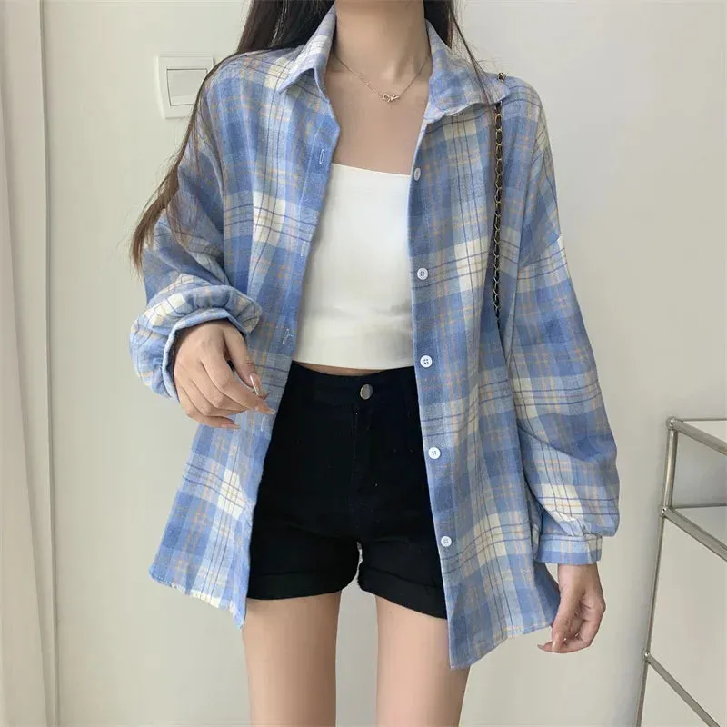 Vintage Preppy Style Loose Check Shirts