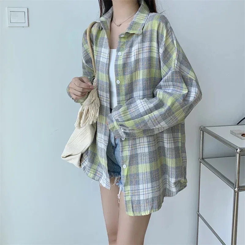 Vintage Preppy Style Loose Check Shirts