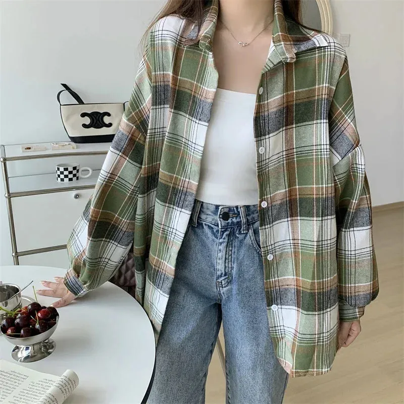 Vintage Preppy Style Loose Check Shirts