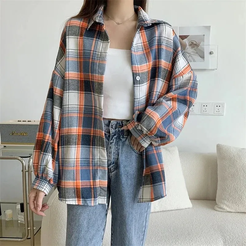 Vintage Preppy Style Loose Check Shirts