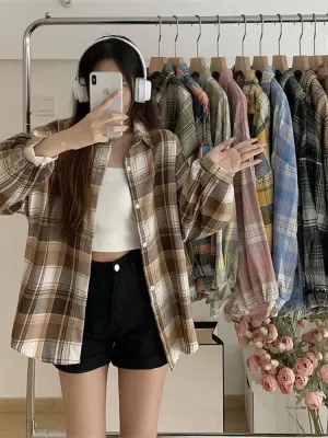 Vintage Preppy Style Loose Check Shirts