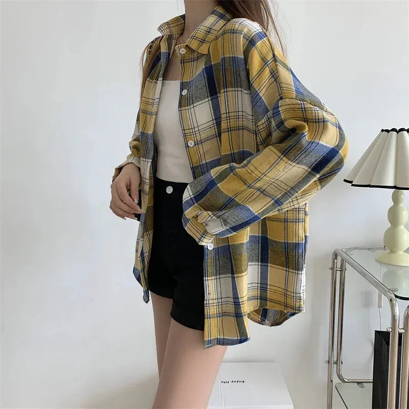 Vintage Preppy Style Loose Check Shirts