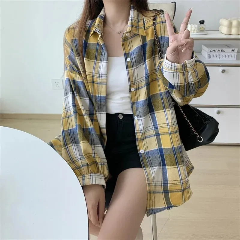 Vintage Preppy Style Loose Check Shirts