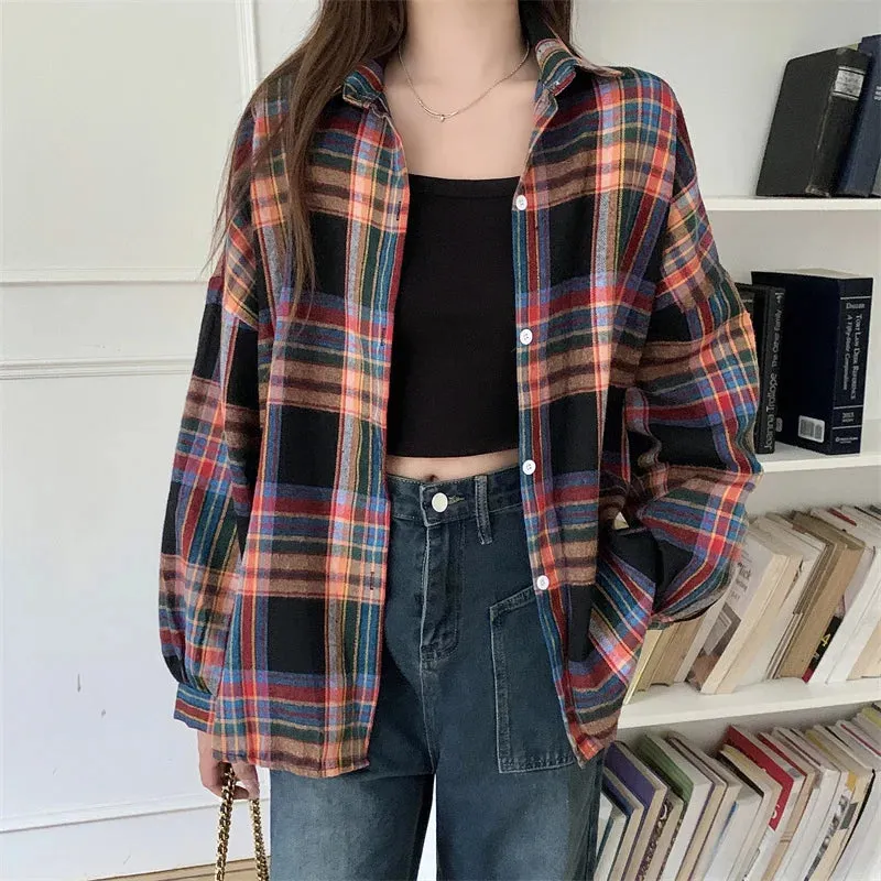 Vintage Preppy Style Loose Check Shirts