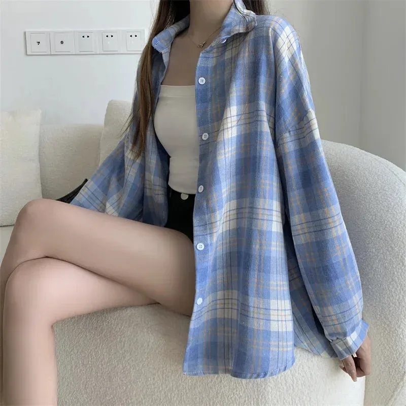 Vintage Preppy Style Loose Check Shirts