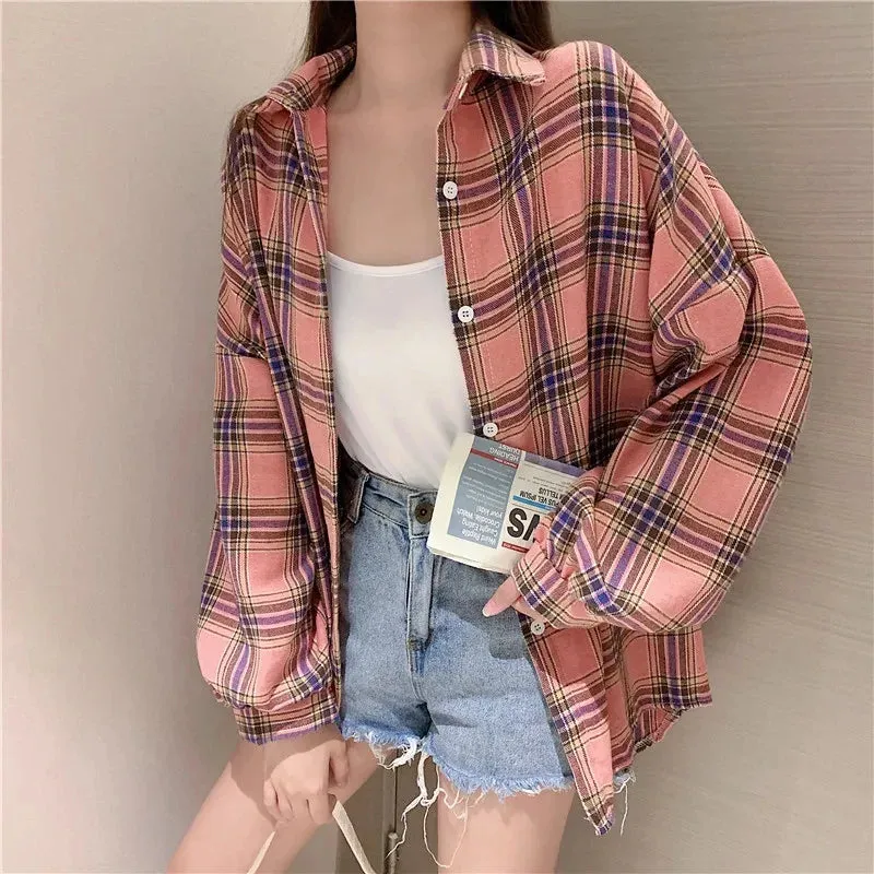 Vintage Preppy Style Loose Check Shirts