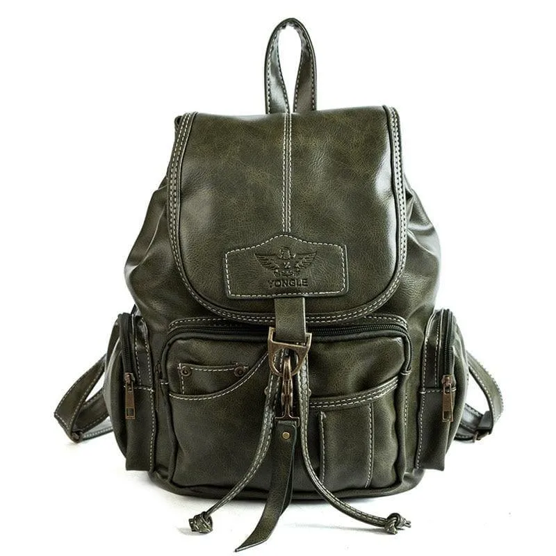 Vintage Women Backpack  Leather Black Drawstring Bag