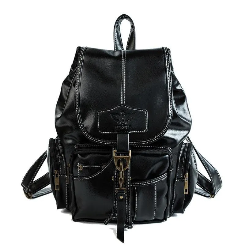 Vintage Women Backpack  Leather Black Drawstring Bag