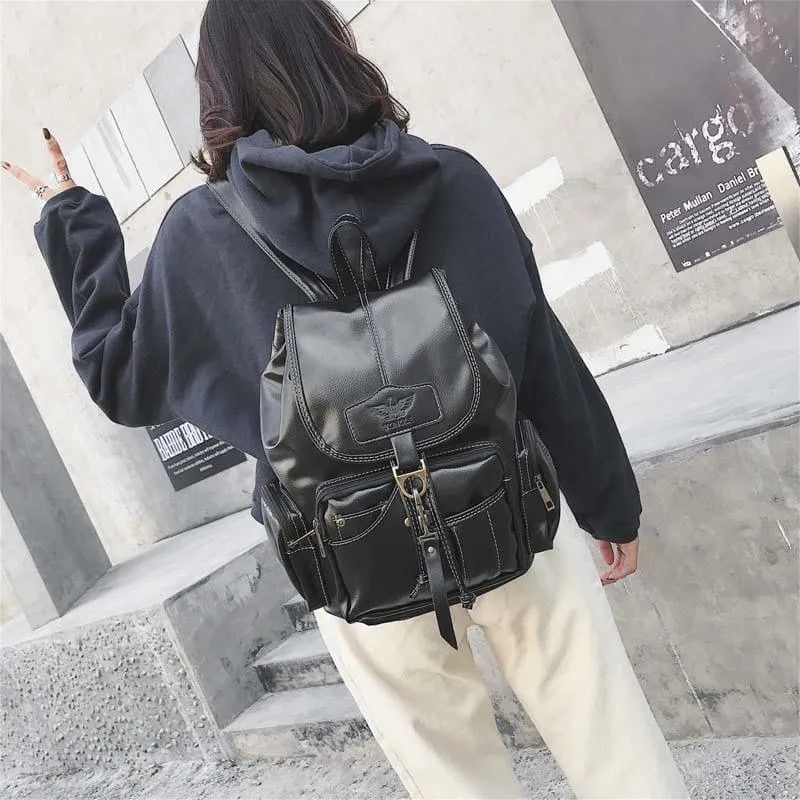 Vintage Women Backpack  Leather Black Drawstring Bag