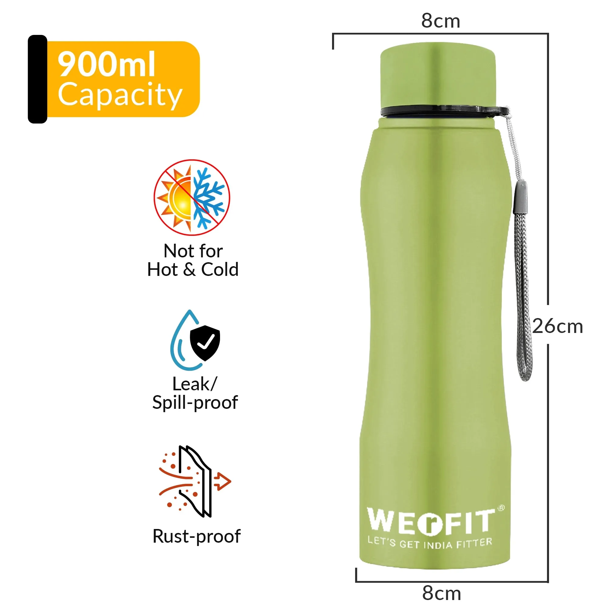 WErFIT Stainless Steel Water Bottle for Gym Park Cycling Yoga Office School Sports 900 ml Shaker  (Pack of 1, Green, Steel)