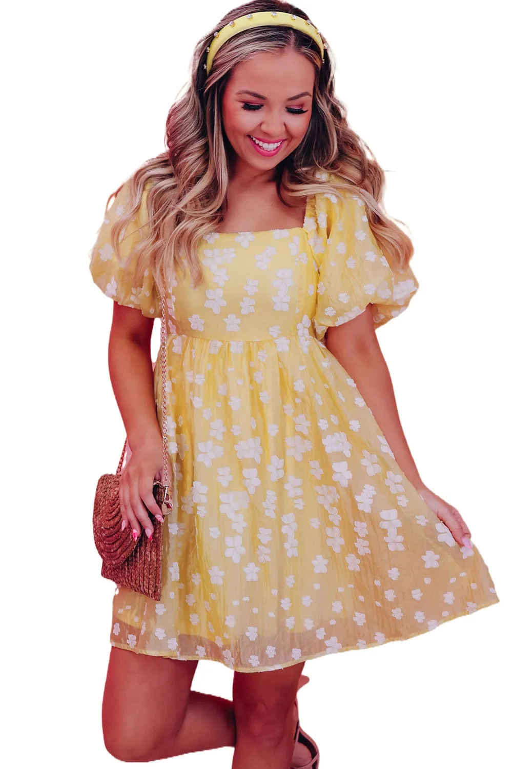 Yellow Boho Flower Jacquard Puff Sleeve Square Neck Mini Dress